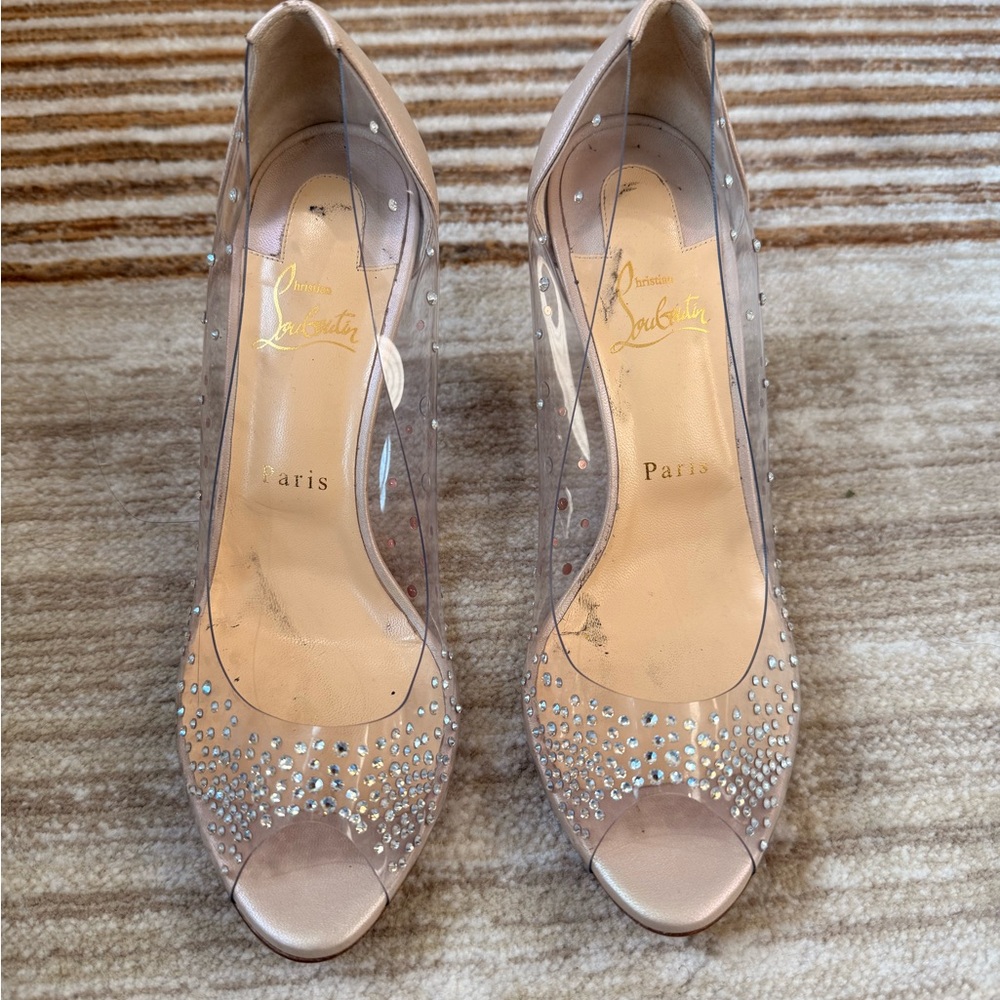 Christian Louboutin Nude Crystal Peep-Toe Heels with Clear Sides
